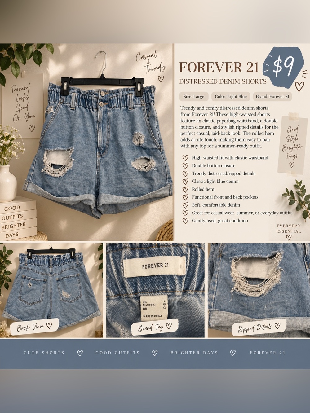 Forever 21 Light Blue Distressed Denim Paperbag Waist Shorts